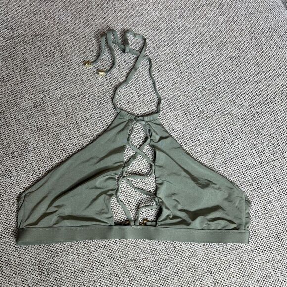 Beach Bunny Womens Swim Top Lace Up Halter Green Color Logo Size M - Picture 1 of 7